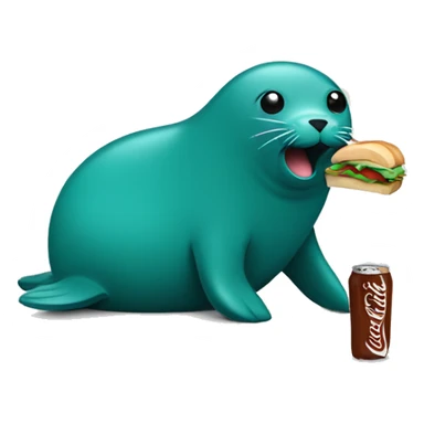 teal-coloured seal eating a sandwich with a bottle of soda and a chocolate bar sticker