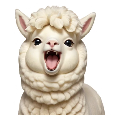 Cinematic Cute Yawning Cream Alpaca Portrait Emoji, Head tilted slightly with a dramatic, wide-open yawn, showcasing a soft, fluffy cream fleece with subtly drooping ears, round gentle eyes barely open in drowsy contentment, Simplified yet irresistibly adorable features, highly detailed, glowing with a soft, cozy glow, high shine, relaxed yet expressive, stylized with a touch of whimsy, bright and endearing, soft glowing outline, capturing the essence of a sleepy yet affectionate alpaca, so drowsy it feels like it could stretch out of the screen and curl up for a nap! sticker