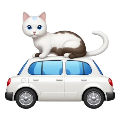 Please create a small emoji the size of 🚗 featuring a pure white cat with short tail with blue eyes on a white saloon car viewed from side. Again it is necessary that the emoji must be extremely small, much smaller than a standard sized sticker. sticker