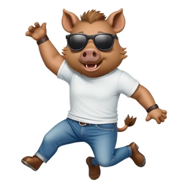 friendly anthropomorphised boar in jeans and a t-shirt, wearing dark sunglasses, jumping pose sticker