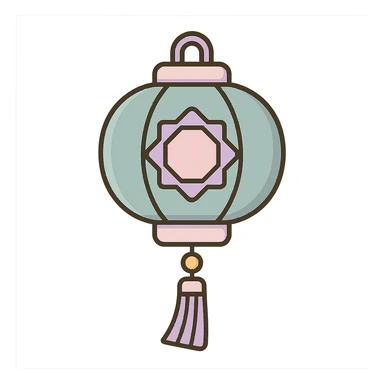 Chinese lantern like the reference with geometric ornament and tassel, in icon-color-outlined style. Not minimalist, no floral decor, detailed shadows and highlights, thin clean contours, soft rounded shapes, pastel palette #98B5BC, #B5B3C1, #C9A3C9, #E4C0CA, #F7DCD1, #F7C0AA. Modern Japanese pop art and sticker aesthetics, high detail, vector sharpness, soft lighting, transparent background. sticker