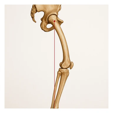 Hyperrealistic anatomical illustration 4K, rear view, 1:1 proportion, normal knee seen from the side, pelvis bones, femur, tibia, and fibula clearly highlighted, red mechanical axis line, realistic details, medical style, neutral background. sticker