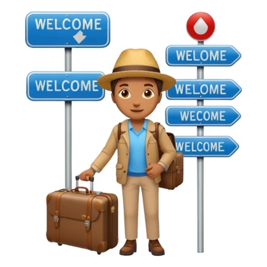 a traveler with a suitcase beside a city welcome sign, friendly and vibrant emoji style sticker
