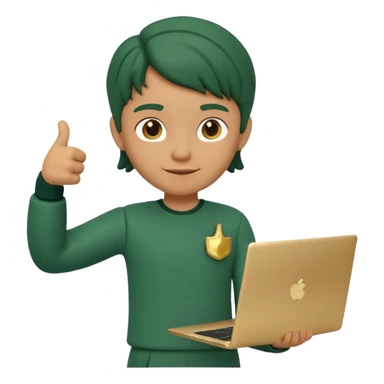 3D clay character standing confident, laptop under arm, thumbs up, deep green (#0B3D2C), cream laptop, gold accents, cute rounded, transparent background sticker