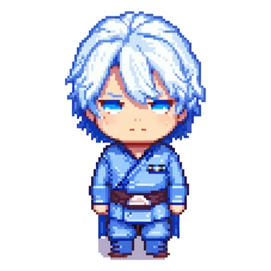Gojo Satoru from Jujutsu Kaisen, pixel art style, white hair, blindfold, blue highlights, chibi proportions, simple background sticker