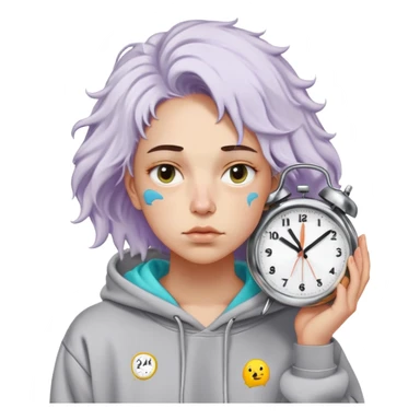 Gender: Non-binary Hair: Bedhead waves with post-nap crease on cheek Face: Blank thousand-yard stare Clothes: Wrinkled company-logo hoodie (3 sizes too big) Action: Holding "24/7" neon sign with melting clock sticker