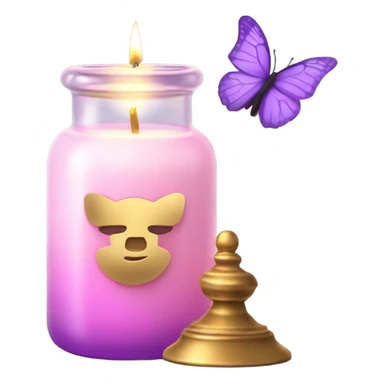 A glowing pastel pink candle in a glass jar with gold accents, next to a violet butterfly. sticker