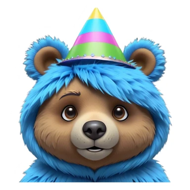 3D, adorable little Pixar style blue neon punk bear wearing a party hat, ultra detailed, each lash, eye, and strand of fur is shown in stunning detail as though captured in a timeless photograph, rich textures, visually rich, so lifelike it feels like it could leap off the page at any moment sticker