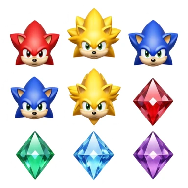 I want Sonic the hedgehog with the 7 chaos emeralds and the Goku aura transformation, where is the super Sonic aura Is a power 7 diamonds, red, blue, yellow, green, white, skyblue and purple, and Sonic changed color into yellow with the seven diamonds or chaos emeralds, and the spine is up sticker