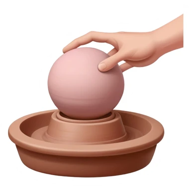 one hand pressing down on a pink ball of clay above an empty pottery wheel, with the clay not touching the wheel surface, hovering slightly above it sticker