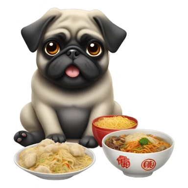 Black pug eating Chinese food sticker