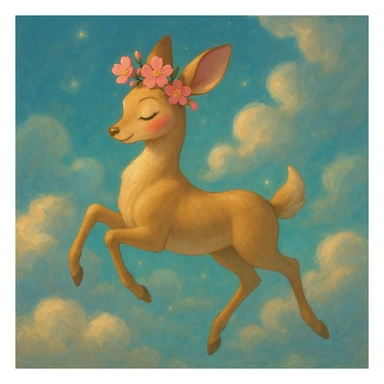 Enhance this feminine adult vanilla cloud doe with rosy cheeks and cherry flowers, floating gracefully in a dreamy Ghibli-Pixar style. Make the colors even more vibrant, the lines even softer, and the cherry flowers extra detailed. Add a magical, sparkling glow and elegant highlights, keeping the look whimsical, refined, and enchanting. sticker