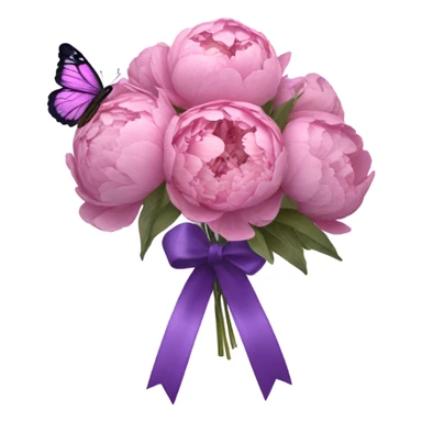 A purple silk ribbon tied around a bouquet of dried pink peonies , with a delicate pastel violet butterfly perched gently on the bow. sticker