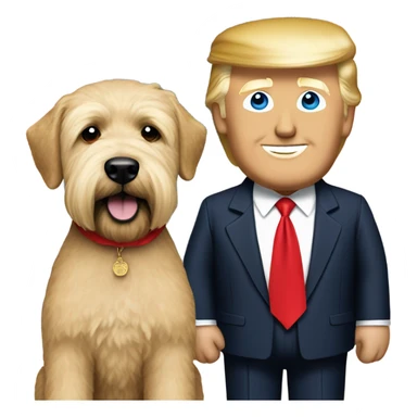 President Donald trump with a wheaten terrier wearing a red bandana sticker