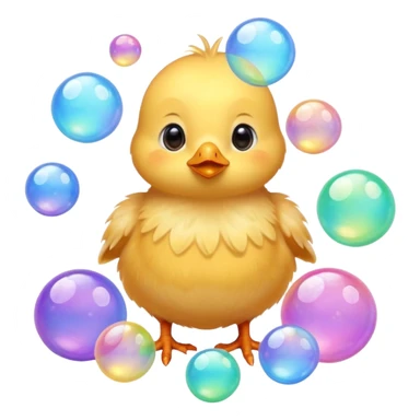 Hyperrealistic, soft furry colorful Baby chick surrounded by Hyperrealistic iridescent translucent bubbles, still life, isolated. 8k sticker