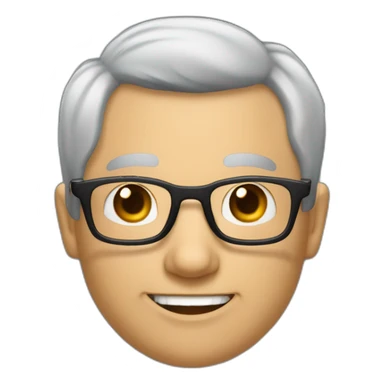 an man with a small amount of grey hair cut short, and a very receding hairline, and a tuft of hair on the top. He is wearing glasses, the glasses frames are black and he is smiling sticker