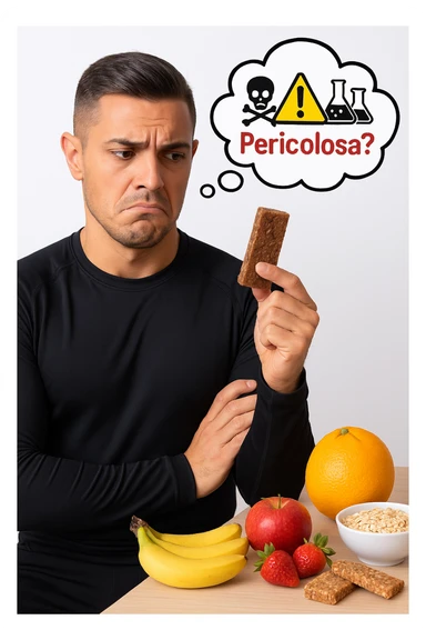 un uomo in abbigliamento sportivo tiene in mano una barretta proteica, osservandola con un’espressione scettica e preoccupata. Sopra la barretta, una nuvoletta di pensiero mostra simboli di allarme, ingredienti chimici e la scritta “Pericolosa?” in rosso. Sullo sfondo, frutta fresca e altri snack naturali sono visibili sul tavolo, sottolineando la sua preferenza per alternative più sane. sticker