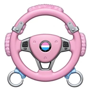 steering wheel with transgender pride flag colors and strifes , with fluffy pink handcuffs sticker