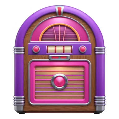 3D render of Jukebox, vintage 1980s audio equipment aesthetic, tactile analog buttons, neon pink and purple light tubes with chrome trim, mixed wood grain and brushed aluminum textures, Apple emoji style, isolated on white background --v 6.0 sticker