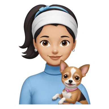 tan skin woman, with short black hair in a slicked back ponytail with forehead showing, with white headband, wearing solid pastel blue turtleneck shirt, smiling carrying dark brown-white long-haired chihuahua dog sticker