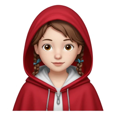 A 12-year-old girl, with fair skin, freckles, and a warming smile that shows her pale pink lips. She has big brown eyes and normal eyebrows. Her brown hair is styled in French braids that reach her breasts. She wears a bright red hooded cloak with the hood drawn over a pretty white tank top. sticker