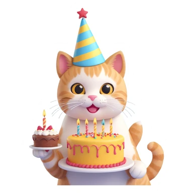 cat holding a birthday cake, wearing a party hat, cheerful expression sticker