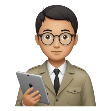 a asia man guy his 20s wearing an apple notebook, wearing bodyguard radio operator, round glasses, achromatic clothes sticker