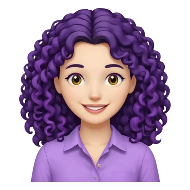 mujer blanca con cabello largo rizado negro sonriendo con camisa lila sticker