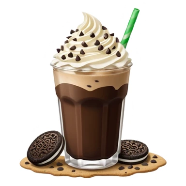 Vaso de vidrio con Frappé color café, crema en la parte superior con popote verde insertado en la crema, agregar encima de la crema chispas de chocolate. Colocar arriba de la crema insertada una galleta tipo oreo. sticker