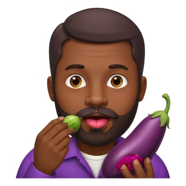 Dominican man with a beard is licking an eggplant sticker