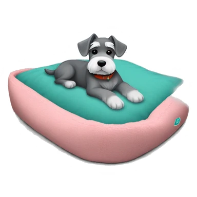 Grey and white mini schnauzer full body asleep in teal dog bed      sticker