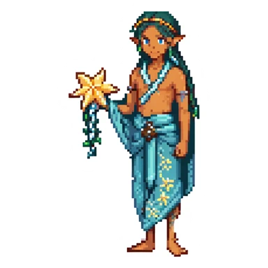 elf male Sarong with bioluminescent embroidery, armful of starfish, hair in a braid with pearl pins sticker