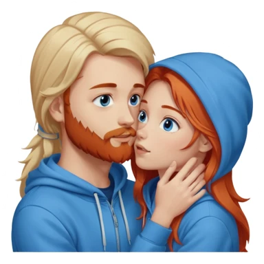 Long-pale-blonde hair, beautiful girl with blue eyes-wearing a light blue hoodie, facing, kissing reddish-brownish hair and beard boy blue eyed white guy in a dark blue hoodie sticker