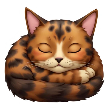 Meme-Worthy Cute Sleeping Tortoiseshell Cat Portrait Emoji, Head resting with a serene, sleepy smile and softly closed, dreamy eyes, showcasing a warm, mottled fur of rich browns and blacks, simplified yet adorably detailed, glowing with a gentle, drowsy radiance, high shine, exuding relaxed, heart-melting charm, styled with a soft glowing outline, capturing the essence of a sleeping tortoiseshell cat that radiates pure, peaceful cuteness! sticker