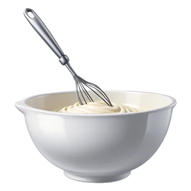 Cinematic Realistic Whisk & Mixing Bowl, a well-used metal whisk resting in a smooth ceramic mixing bowl, light reflecting off the whisk’s polished surface, subtle smears of batter along the rim, glowing with a sense of warmth and creativity. sticker