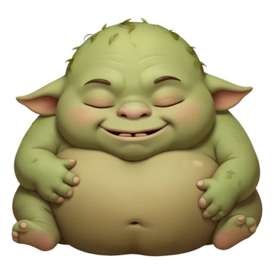 Meme-Worthy Cute Sleeping Ogre Portrait Emoji, with a surprisingly endearing, plump figure in soft earthy greens and browns, head drooping gently with closed, relaxed eyes and a content, sleepy grin, simplified yet adorably detailed, glowing with a soft warm outline that captures the peaceful slumber of a friendly ogre after a day of gentle mischief! sticker