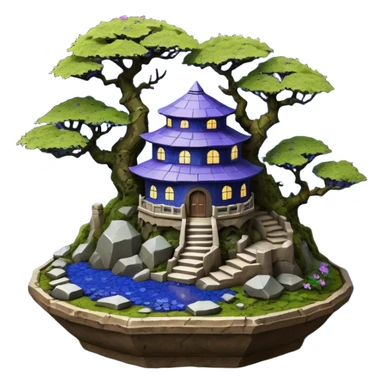  Ancient saucer-castle-house jungle winding trail mountainside getaway haunted nighttime landscape antique mudman very old broken cracked intricately detailed Stone Age lapis-crusted irregular dodecagon-shaped shallow dark moss rough bark violet flowered maple bonsai Saikei pot sticker