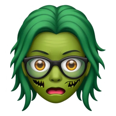crie um emoji de zumbi feminino, com pele verde, óculos preto e cabelo longo preto sticker