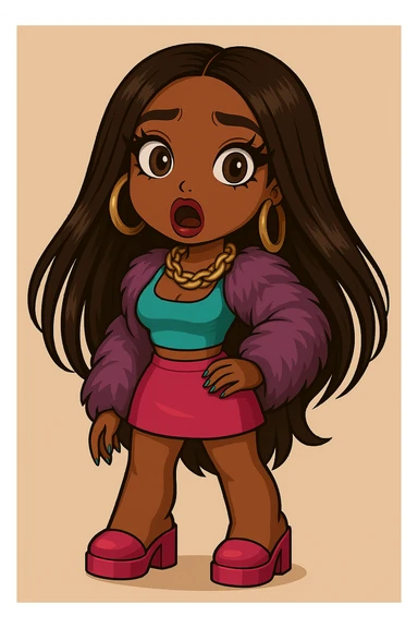 Remove any tears or crying, keep her shocked expression. Depict a 20-year-old anime Bratz style woman with dark skin, dark hair, glamorous evening wear, big expressive eyes, and glossy lips. sticker