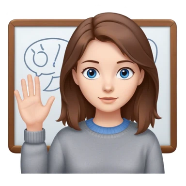 a young woman brown hair and blue eyes, with a claw clip in her hair in a cute gray sweater and presenting on a white board sticker