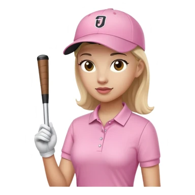 A female golfer with a pink polo shirt, a black skirt, and a white baseball cap. sticker