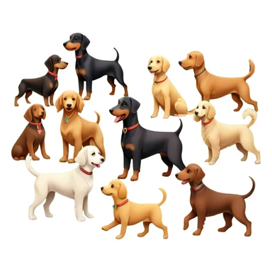 Collage of various dog breeds like Doberman, Poodle, Dachshund, and Golden Retriever, playing in a park with trees and grass. Some dogs run, others sit, all are full of energy and happiness. A joyful, colorful scene with playful expressions. Transparent background. sticker