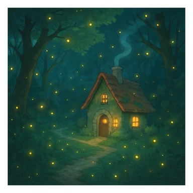 whimsical forest scene with glowing fireflies and a small cottage sticker