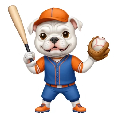 WHITE Bulldog playing baseball, blue orange clothing sticker