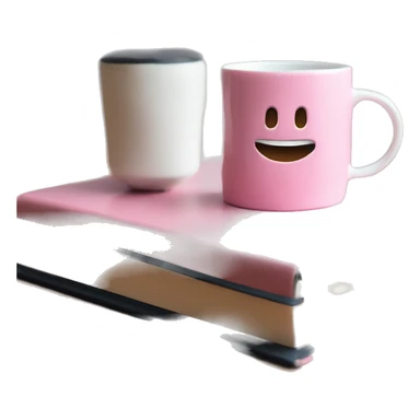 a white coffee mug is standing on a pink book sticker