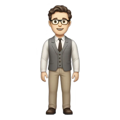 Full height Pale skinned Fit Man With dark brown hair in gray jacket, vest, tie, beige office shirt, Brown pants and vintage glasses. Thrumbs of his palms directed up sticker