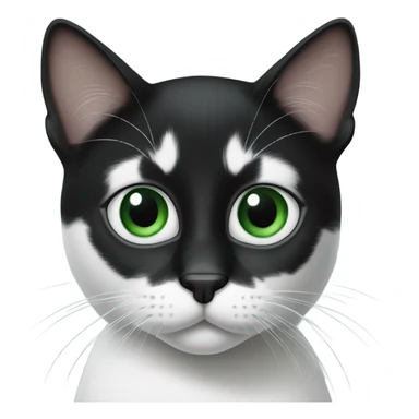Black and white cat with green eyes and a black nose sticker
