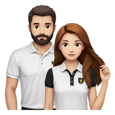 Criar Casal - Homem branco de cabelo liso e olhos marrom, com barba, expressão séria usando camiseta polo preta e mulher de pele branca cabelo cacheado marrom longo e olhos mel, usando uma regata branca, quero ela sorrindo sticker