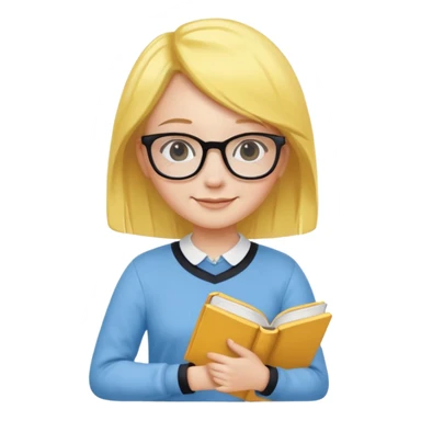 A smart and cute girl with yellow bobbed hair, wearing sky blue clothes,
I hold a book in one arm. There is a pen in the book.
He is wearing black-rimmed glasses and smiling brightly. sticker