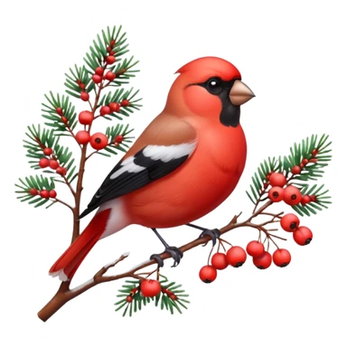 3D emoji of a bright red bullfinch bird (Snegir) sitting on a pine branch covered in fluffy white snow and red frozen rowan berries. Vibrant colors, soft feathers texture, glossy 3D icon style, Apple aesthetic, isolated on a solid white background, studio lighting. sticker